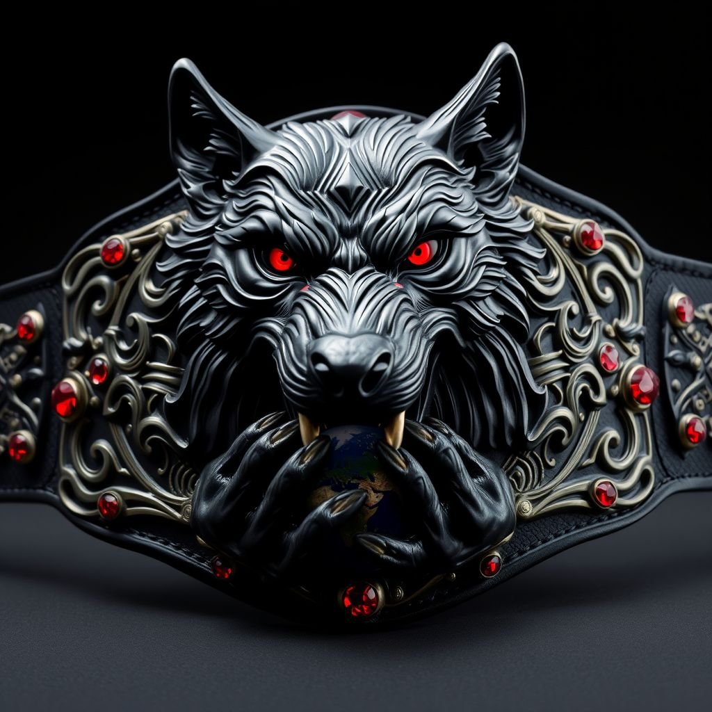 A wrestling belt featuring a fierce black wolf with striking red eyes, gripping the Earth delicately between its jaws. Sleek metal belt material, edgy plate design adorned with intricate patterns, a black strap contrasting the vibrant colors. Gothic art style elements weave around, enhanced by shimmering ruby gemstones, exuding a powerful aura. 