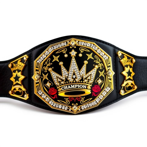 A bold wrestling belt crafted from luxurious black leather, showcasing a vintage plate design with an intricate golden crown champion motif. Pentagon-shaped plate adorned with sparkling rhinestone gemstones. Vibrant pop art style elements flourish around star crests and symbols, exuding a powerful presence. Adult size, a celebration of achievement and strength.
