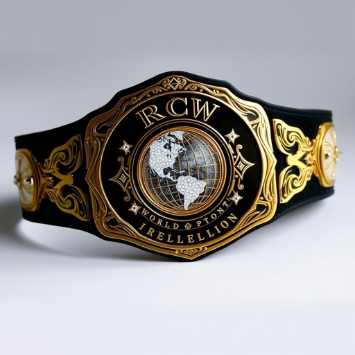 A luxurious wrestling belt with a rich black suede strap, elegantly adorned with an intricately shaped gold engraved plate. The centerpiece features a stunning globe champion design embellished with sparkling diamond gemstones, reflecting light. The RCW World Rebellion logo prominently displayed, showcasing artistry and prestige, embodying the spirit of championship.