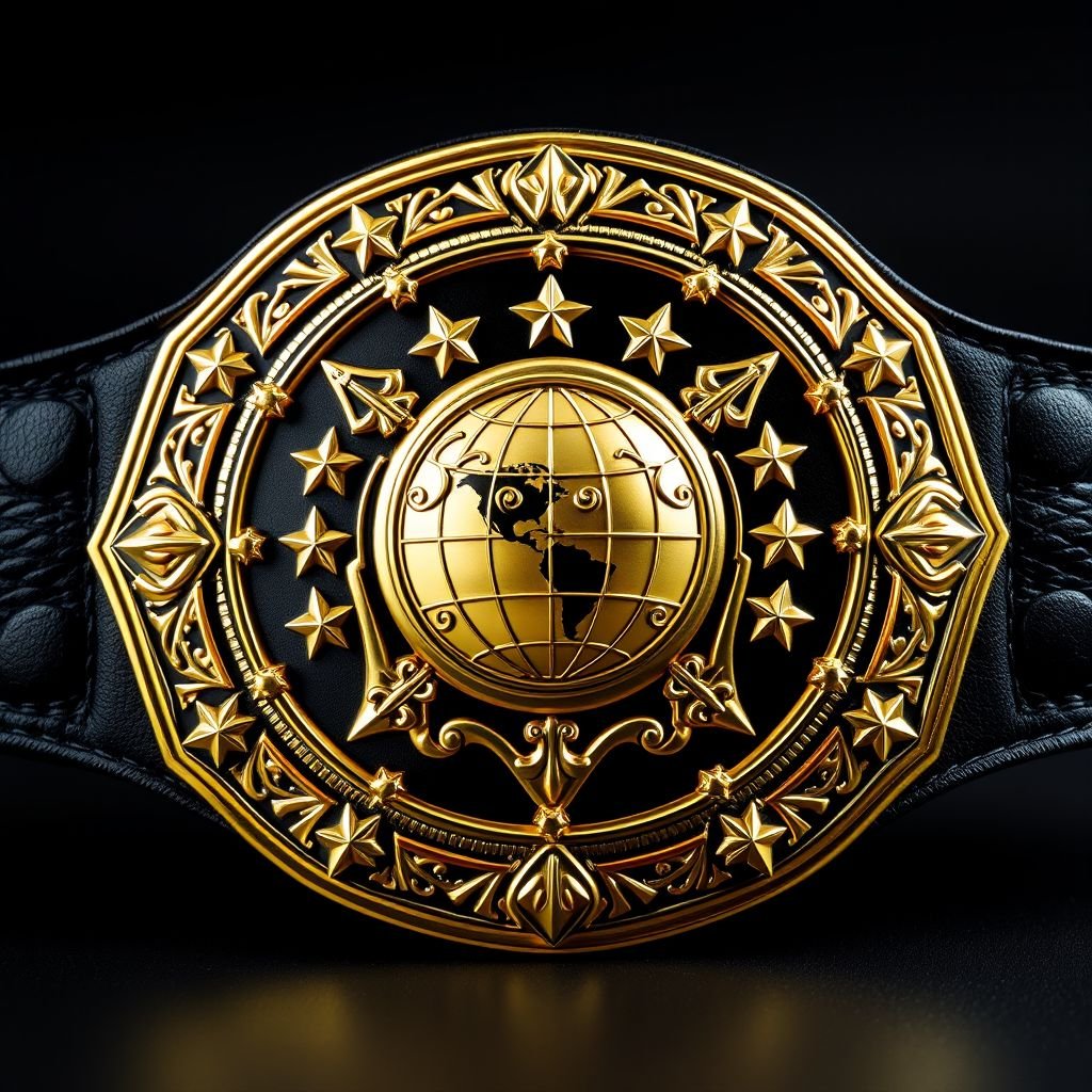 A majestic wrestling belt with a sturdy leather strap in deep black. The classic plate design gleams in radiant gold, featuring an intricate shield shape. A prominent globe champion emblem sits at the center, surrounded by ornate star crests and symbols. The large size radiates power and prestige, embodying victory and excellence.