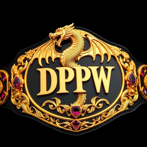 A grand wrestling belt gleams in rich gold and deep black. A majestic dragon, intricately detailed, wraps around the belt. Bold "DPW" text embossed prominently. Engraved plate design exudes elegance. The dark plate, adorned with gothic motifs, highlighted by dazzling ruby gemstones. A striking adult size masterpiece, commanding reverence.