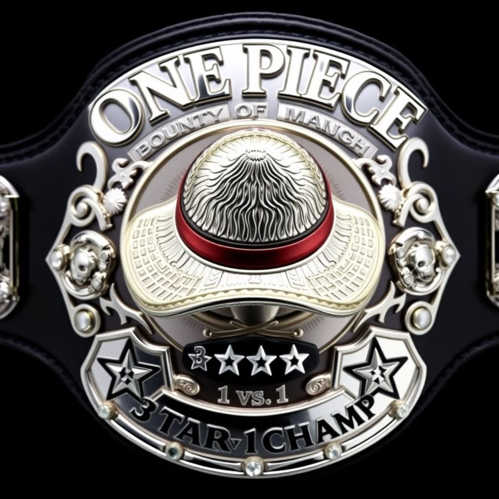 An elaborate wrestling belt showcases an iconic straw hat, emblematic of “One Piece.” Above, the bold text “One Piece Bounty Rush,” elegantly engraved. Below, “3 Star 1 vs 1 Champ” shines. Vinyl material contrasts with a sleek black strap. Silver shield plates shimmer, adorned with star crests, pearlescent gemstones, and intricate champion designs.