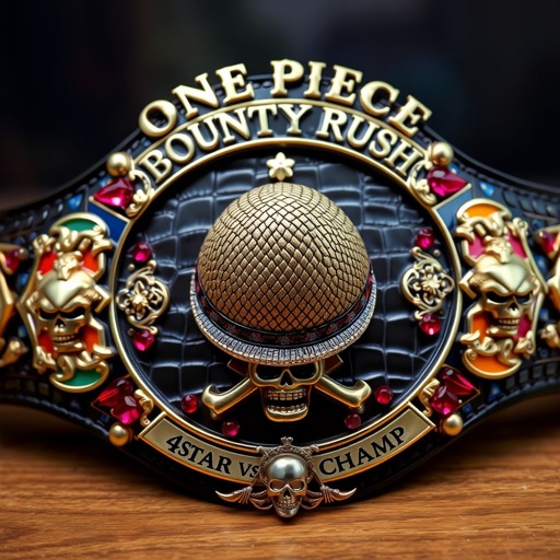 A wrestling belt adorned with alligator skin, exuding luxury. Central straw hat from "One Piece," surrounded by vibrant, multicolored plates. “One Piece Bounty Rush” elegantly arching above; “4 Star VS Champ iFeedYouLead” inscribed below. Brilliant ruby gemstones embedded. Lush gold accents, intricate skull crests, and symbols accentuating a champion's prestige.