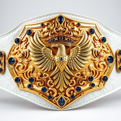 An oversized wrestling belt crafted from luxurious white leather, adorned with an engraved shield-shaped gold plate. The plate features a majestic eagle champion design, surrounded by intricate lion crests and symbols. Sparkling sapphire gemstones glisten throughout, enhancing the surrealist aesthetic, merging grandeur and fantasy into a striking emblem of victory.