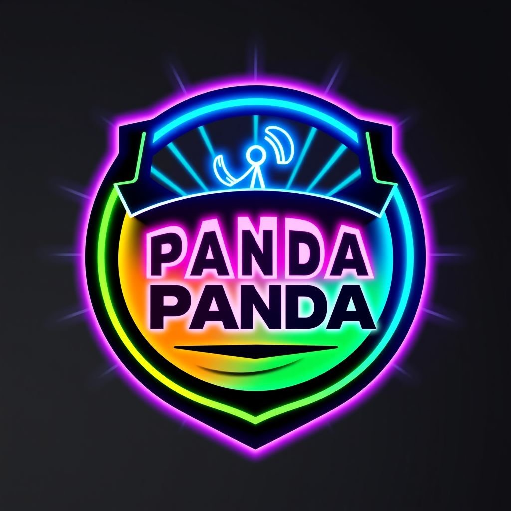 A striking broadcaster logo for Réseau de Diffusion PANDA. Modern visual style with a bold neon color scheme. Custom emblem shape featuring sleek curves and sharp angles. Satellite iconography integrated into the design, creating fluid lines. Vibrant blues, greens, and pinks radiate, capturing attention and symbolizing dynamic communication and connection.