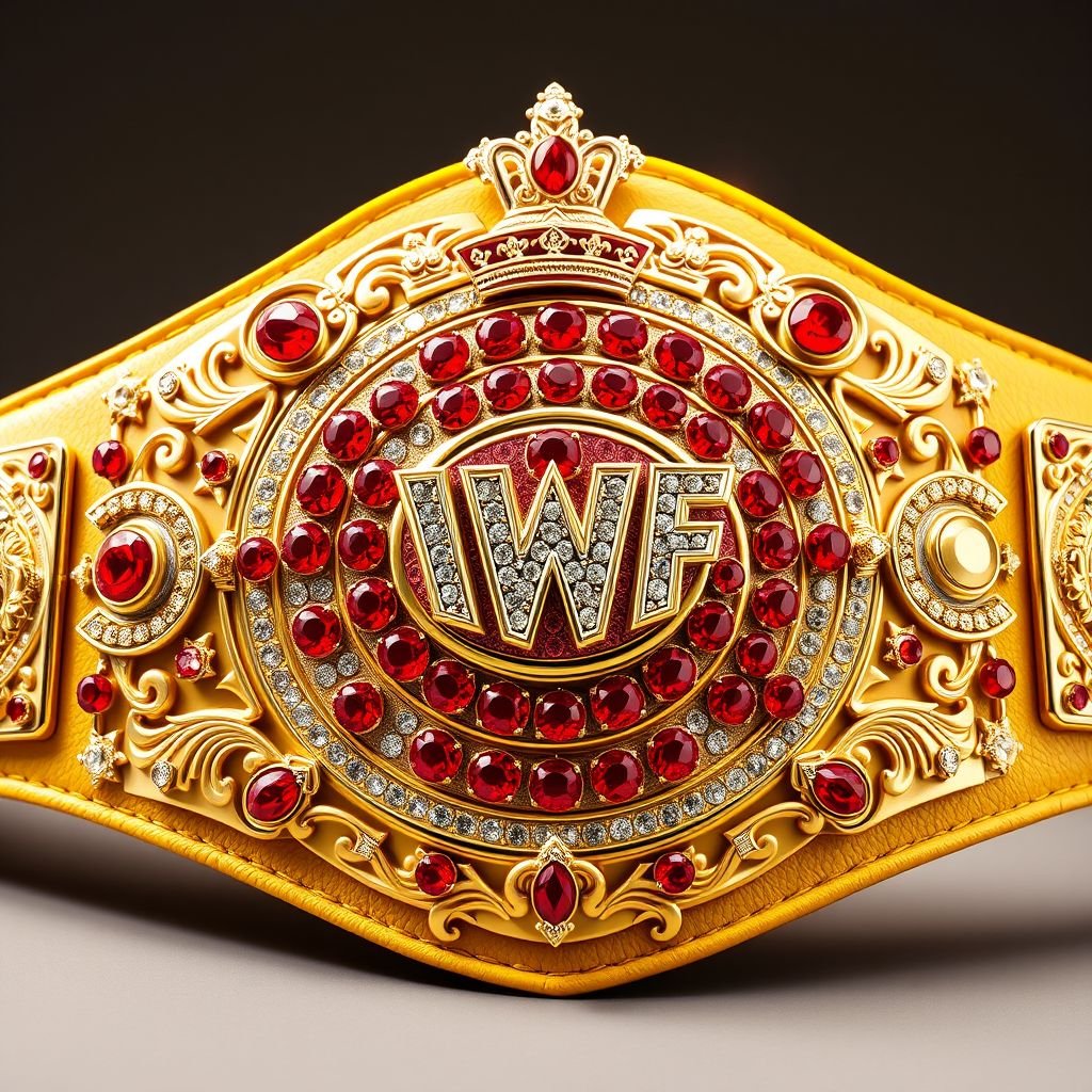 A luxurious VWF Universal Ultimate Golden Sovereign Championship wrestling belt, featuring grand intricate designs. The main plate adorned with numerous red diamonds, gleaming brilliance. A yellow leather strap complements the golden plate, showcasing intricate shapes. Globe champion motifs, crowned crests, and emblems elevate the grandeur, while sparkling diamonds radiate opulence and prestige.