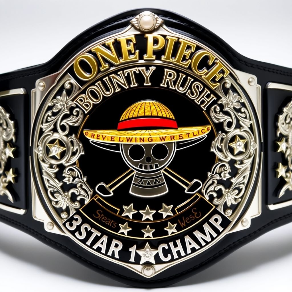 A formidable wrestling belt, crafted with glossy vinyl, boasts a central straw hat emblem reminiscent of "One Piece." Above, the bold lettering "One Piece Bounty Rush" stands out, while below, the title "3 Star 1 vs 1 Champ" unfolds. Rich black strap, intricate shield plate, silver sheen, adorned with sparkling pearl gemstones, and bold star crests create a striking showcase for champions. 