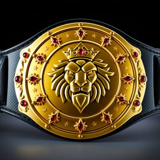 A grand wrestling belt showcases a prominent Worms video game logo. Elegant black leather strap, sleek minimalistic circular plate design. Lustrous gold surface adorned with a regal lion champion motif, sparkling ruby gemstones embedded. Star crests and intricate symbols accentuate the plate's size, radiating prestige and victory in a stunning realistic art style.