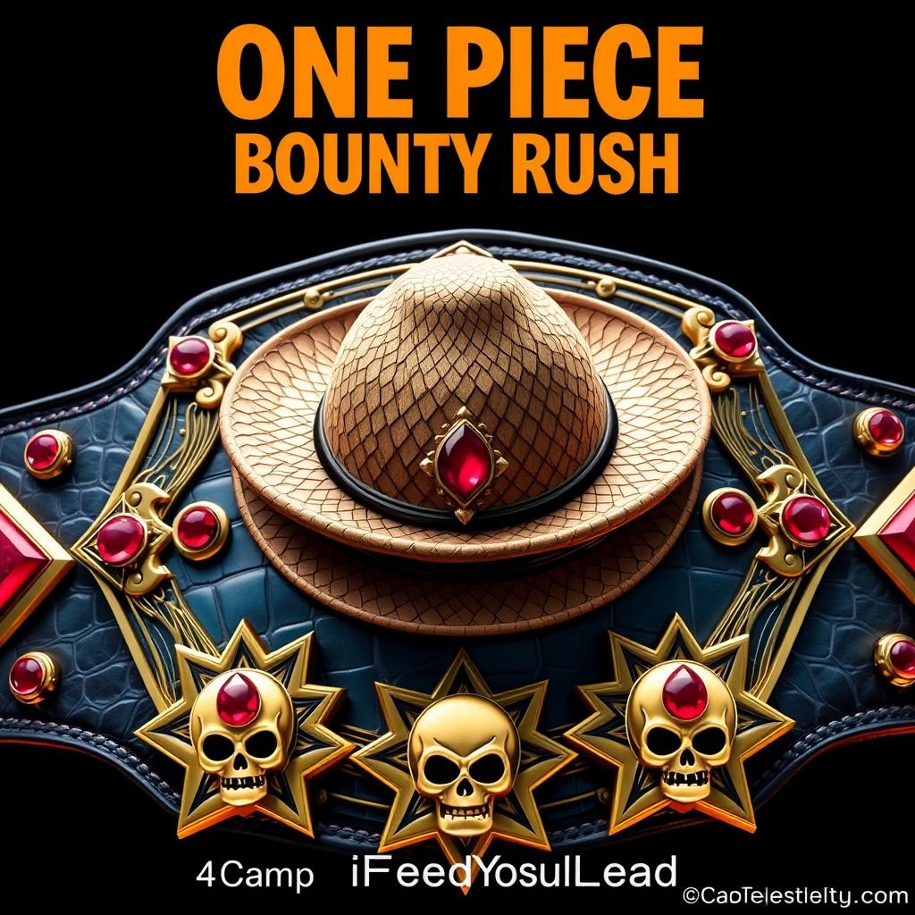A wrestling belt adorned with alligator skin material, exuding luxury. Center stage, a distinctive straw hat from “One Piece.” Above, bold text reading “One Piece Bounty Rush”; below, “4 Star VS Champ iFeedYouLead.” Elegant star-shaped plates in multicolor, accented with ruby gemstones, showcasing realistic art style, complete with skull crests and symbols.
