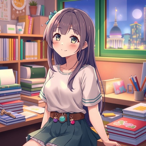Anime girl with an innocent smile, soft light skin, and delicate features. Relaxed pose in a cozy classroom, surrounded by colorful books and art supplies. Waist belt accessories adorned with charms, vibrant colors contrast with subtle pastels. City lights glow softly outside the window, creating a dreamy, serene atmosphere.