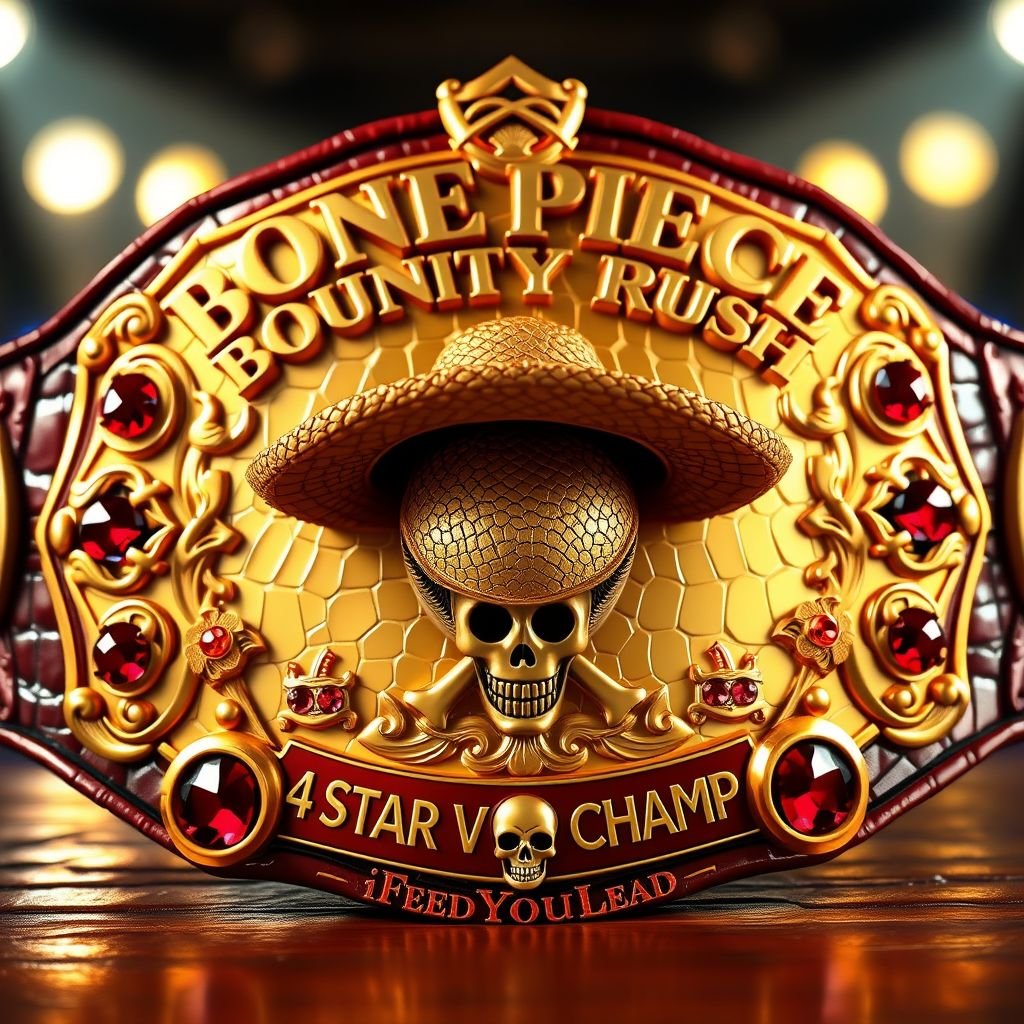 A grand wrestling belt, alligator skin material shining under lights. Luxurious golden plates adorning the surface. A prominent straw hat from "One Piece," centered perfectly. Above, bold letters proclaim “One Piece Bounty Rush.” Below, “4 Star VS Champ iFeedYouLead.” Vibrant multicolor plates, surreality enhanced by ruby gemstones, skull crests, and intricate symbols.