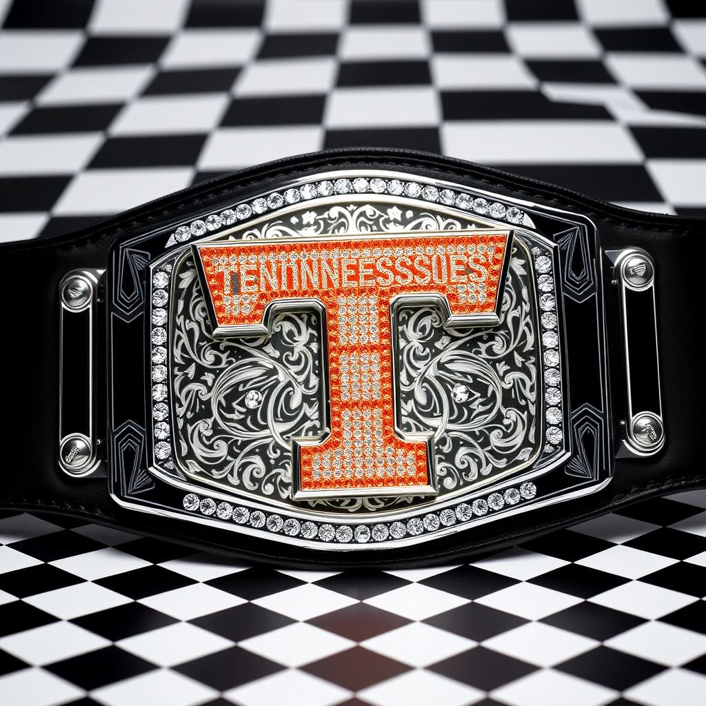 A wrestling belt, featuring a striking engraved checkerboard background, showcases a central orange Tennessee Volunteers Power T logo crafted from radiant, shimmering diamonds. The logo, adorned with a sleek silver border, beams against a backdrop of stacked plates, enhancing a dramatic 3D effect. A bold black strap elegantly complements the rectangular plate shape. Cubist art style adds an intriguing, geometric flair, creating a large, captivating piece.