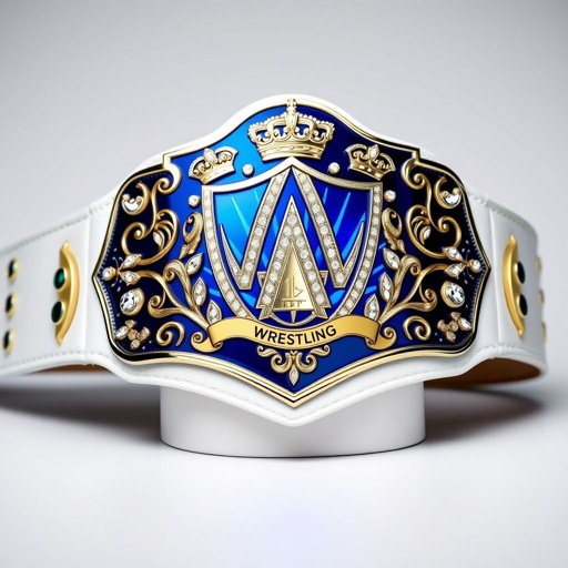 A stunning wrestling belt, crafted from rich leather, showcases a white strap, exuding modern elegance. The shield plate gleams in vibrant blue, embellished with sparkling cubic zirconia gemstones. Crown crests and symbols adorn the design, while the globe champion motif symbolizes unity. A majestic tribute to tenacity and camaraderie.