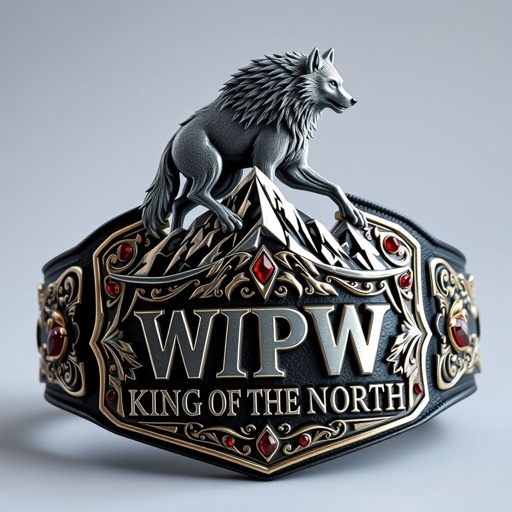 A prominent wrestling belt showcases a fierce grey wolf, poised atop a rugged mountain peak. "WPW King of the North" emblazoned in bold font. Gleaming metal belt material gleams with edgy plate design. A sleek black strap contrasts sharply, adorned with intricate gothic art motifs. Sparkling ruby gemstones enhance the regal aura.
