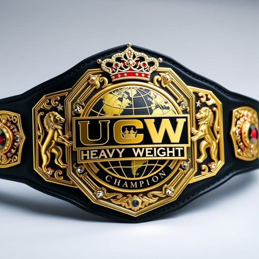 A striking wrestling belt, UCW WORLD HEAVYWEIGHT CHAMPION emblazoned across the center. A lustrous globe motif, majestic crown, and fierce lions adorn the design. Crafted from supple black leather, the edgy octagon-shaped gold plate features intricate patterns. Sparkling rhinestone gemstones accentuate, while regal crown crests and symbols elevate the grandeur. Abstract art flourishes.