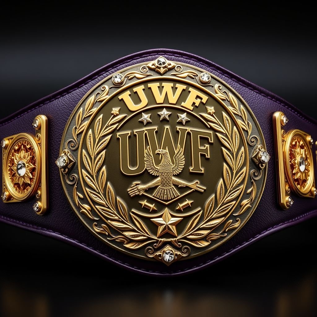 Wrestling belt, UWF World Heavyweight Championship, dark purple leather strap, intricately engraved darker gold main plate, four small gold side plates. Laurel motifs, eagle symbols, gold accents adorning the large main plate, reminiscent of an athlete’s legacy. Diamond gemstones glistening, highlighting the vintage craftsmanship and grand size of the championship.