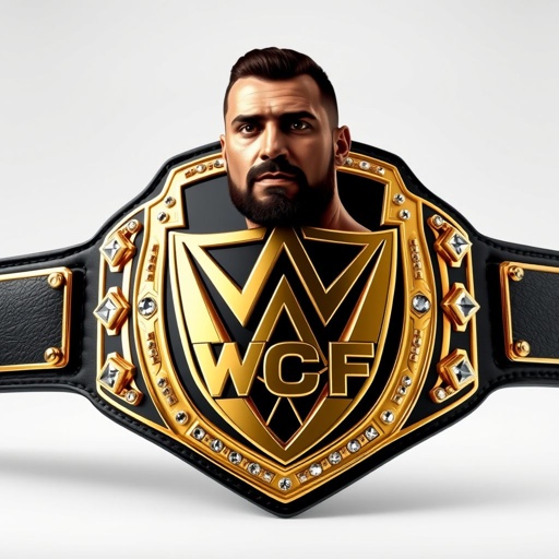 A prestigious wrestling belt, the WCF Ultimate Championship, exuding excellence. Crafted from premium leather, a sleek black strap enhances the striking modern plate design. A bold shield plate adorned with lustrous gold catches the eye, while intricate diamond gemstones embellish the edges. An impressive portrait of a champion graces the center.