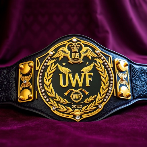 A UWF World Heavyweight Championship wrestling belt lies prominently against a luxurious velvet backdrop. The dark purple leather strap, rich and textured, frames an intricately engraved darker gold main plate. Golden laurel motifs, majestic eagles, and glimmering diamond gemstones adorn the vintage design. Eight small gold side plates accentuate the grandeur, embodying champion prestige.