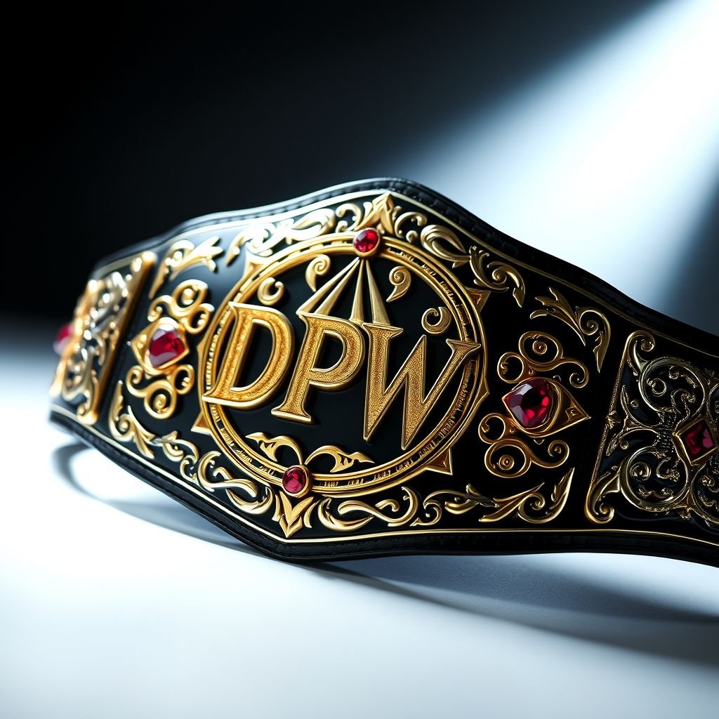 A gleaming wrestling belt, gold DPW logo prominently displayed at the center. Metal belt material shines under spotlight, engraved plate design intricate and detailed. Black plate color contrasts sharply with gothic art style, swirling patterns and sharp edges. Ruby gemstones glimmer like fierce eyes, adding a striking finish to the adult-sized accessory.