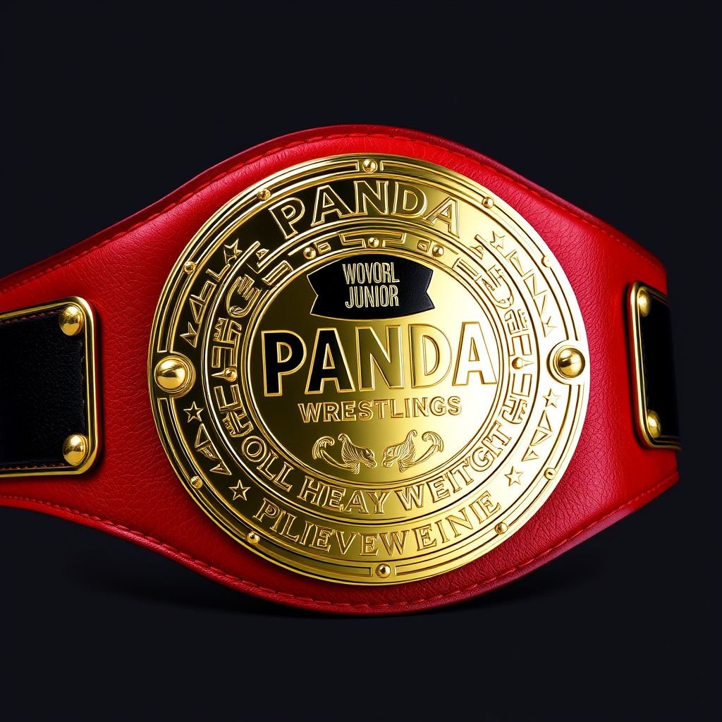 A striking wrestling belt featuring a PANDA World Junior Heavyweight emblem. Luxurious leather as the material, a vibrant red strap contrasting with the classic circular plate design. Gleaming gold plate showcasing intricate details and engravings, symbolizing strength and achievement. An iconic representation of youthful wrestling triumph and dedication, adorned with colorful accents.
