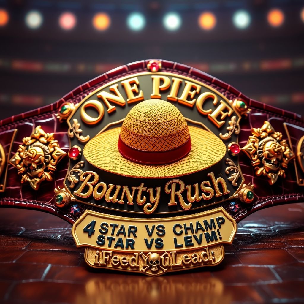 A luxurious wrestling belt, alligator skin gleaming under bright lights. At its center, a vibrant straw hat from "One Piece." Above, bold letters declare “One Piece Bounty Rush,” while below, ornate script states “4 Star VS Champ iFeedYouLead.” Gold accents, ruby gemstones, star-shaped plates, multicolor enamel, skull crests embellish the masterpiece.