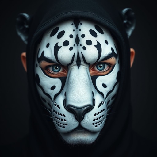 A mysterious individual adorned in a beautifully crafted snow panther mask. Striking blue eyes peek through round eye openings, accentuated by a smooth Greek nose. A neutral mouth expression rests beneath the intricate mask. Featuring small ears, light skin tones, and a bald head, the sleek black hair blends seamlessly. A foldable mask completes the enigmatic appearance.