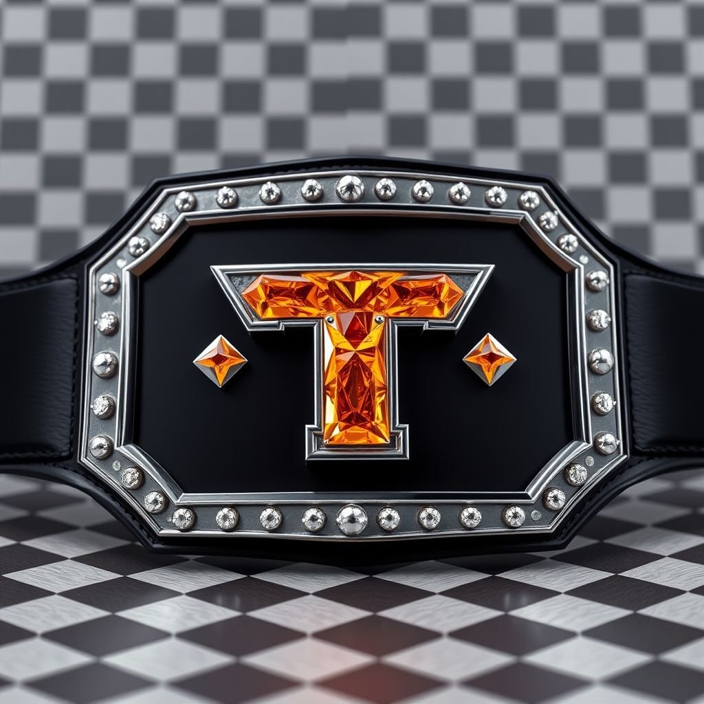 A championship wrestling belt showcases an engraved checkerboard background, enhancing depth. A striking orange Power T logo crafted from radiant orange diamonds, framed in silver, dominates the center. Stacked rectangular plates create a bold 3D effect, complemented by a sleek black strap. Cubist art style adds dynamic angles and visual intrigue.