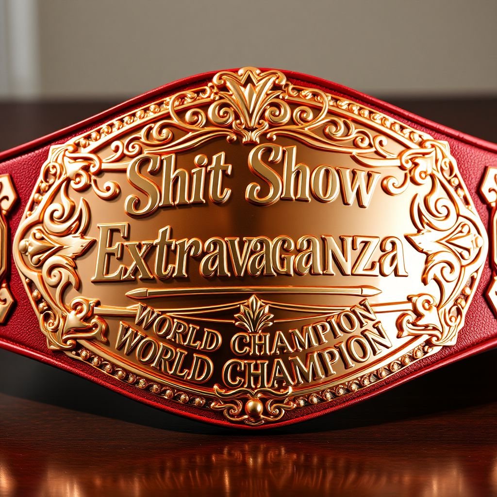 A stunning, oval wrestling belt plate, gleaming in rose gold, adorned with intricate filigree patterns. A bold inscription reads "Shit Show Extravaganza World Champion," elegantly engraved in a stylized font. The luxurious metal catches light, reflecting a warm glow. Extra large dimensions showcase opulence, embodying prestige and celebration of victory.
