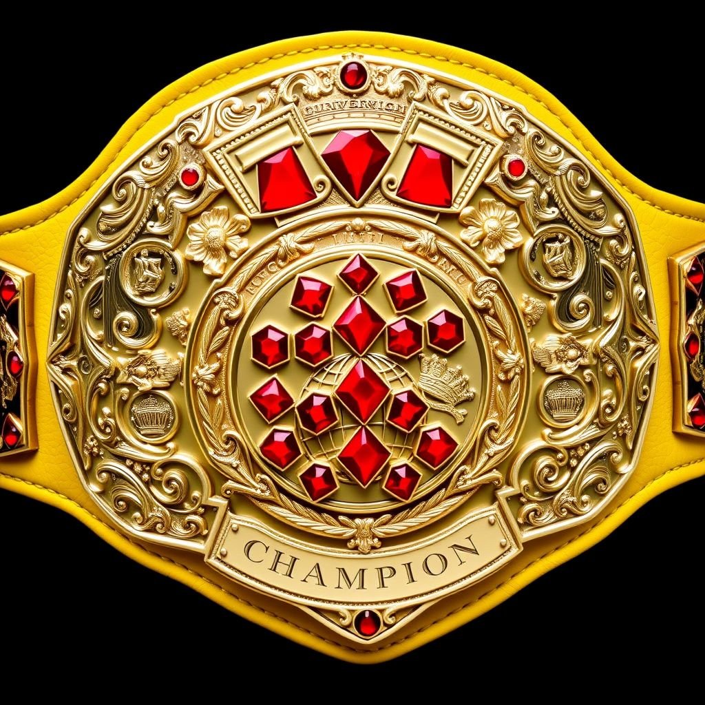 A VWF Universal Ultimate Golden Sovereign Championship wrestling belt, lavishly adorned with red diamonds on the main plate. Intricate engravings in black and red surround the belt's edges. A luxurious gold plate displays a globe champion design. The yellow leather strap, wide and majestic, features ornate crown crests and symbols.
