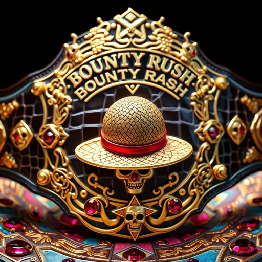 A lavish wrestling belt, crafted from alligator skin, glimmers with gold accents. The centerpiece features a straw hat, a homage to "One Piece." Above, the words “One Piece Bounty Rush” shine boldly, while “4 Star VS Champ iFeedYouLead” resides below. Intricate skull crests and symbols embellish a luxurious, multicolored plate, adorned with ruby gemstones and a star-shaped design.