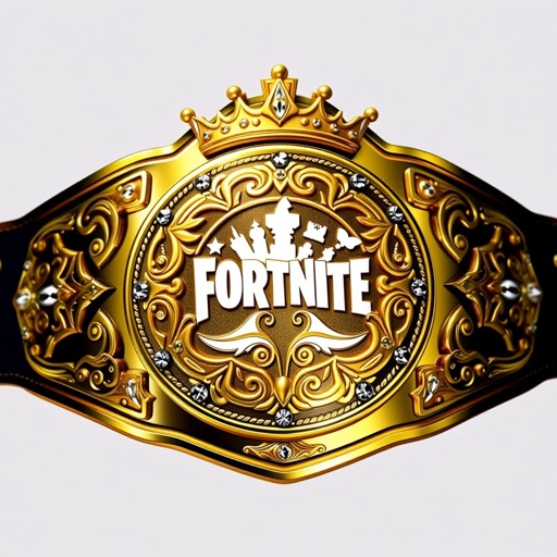 A championship wrestling belt shines with a glossy, metallic gold finish. Intricate side plates feature a regal crown design, embellished with sparkling gemstones. The center displays the iconic Fortnite emblem, surrounded by ornate filigree. Black leather straps offer contrast, adding a touch of elegance to this undisputed title symbolizing supreme victory.