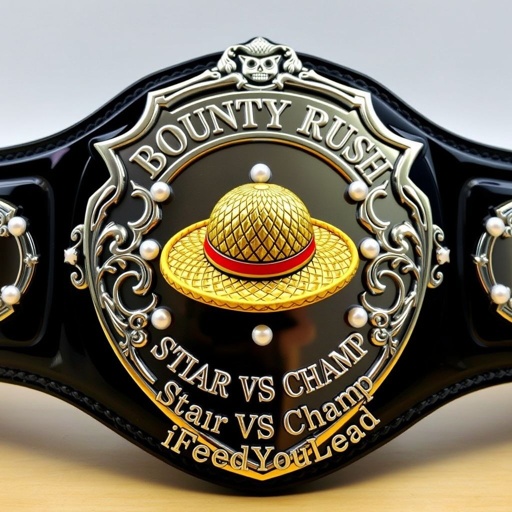 A wrestling belt crafted from glossy black vinyl, adorned with a striking shield-shaped silver plate. At its center, a vivid straw hat from “One Piece,” surrounded by shimmering pearl gemstones. Above, elegant engravings spell “One Piece Bounty Rush.” Below, the words “3 Star VS Champ iFeedYouLead,” embellished with star crests.