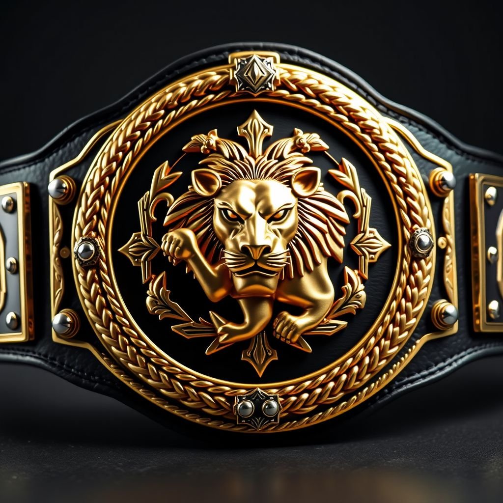 A magnificent eWo Evolution Championship wrestling belt showcases a grandiose lion emblem, exquisitely crafted in gold, radiating boldness. Intricate designs weave through raised rope patterns and metallic embellishments. Black leather strap, gleaming silver buckles, and polished nameplates flank the central plate, illuminated softly against a dark, muted background, embodying prestige and honor.