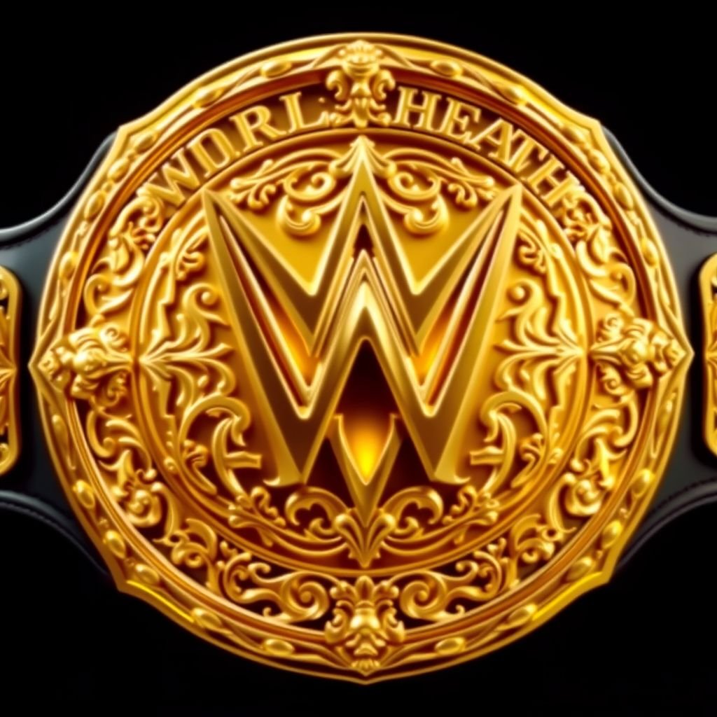 A stunning gold 1980s WWE styled World Heavyweight Champion title belt. At the center, a remarkable, stylized penis surrounded by ornate filigree patterns. An intricate plate shape, gleaming gold plate color, and grand size highlight the prestigious design. Realistic art style emphasizes the craftsmanship and opulence of this unique championship belt.