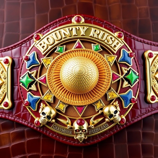 A stunning wrestling belt crafted from rich alligator skin, featuring luxury gold plates. At the center, a vibrant straw hat from "One Piece," surrounded by multicolor star-shaped plates. Above, the bold inscription “One Piece Bounty Rush,” below, “4 Star VS Champ iFeedYouLead.” Ruby gemstones gleam, accented by intricate skull crests and symbols.