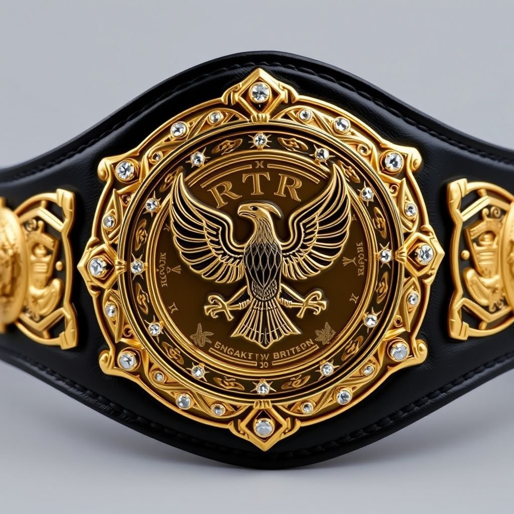 A wrestling belt, RTR Champion, crafted from sleek black leather. A prominent circular plate glistens in gold, featuring intricate engravings. An eagle, symbolizing strength, adorns the center. Sparkling diamond gemstones embedded around the edges. Shield crests and symbolic motifs embellish the sides, showcasing an impressive, large size, radiating prestige and power.