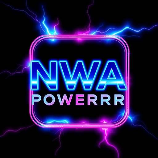 NWA logo, bold and striking, encapsulates NWA Powerrr’s essence. Modern theme resonates through vibrant neon colors—electric blues and fiery pinks collide. Luxury font style adds elegance. Square shape frames the design, with shimmering 3D texture creating depth and movement. A visually captivating blend of power, style, and contemporary flair.