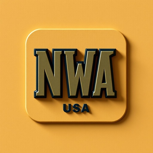 Stylized NWA logo, bold lettering conveying strength. Modern aesthetic, simple yet striking design. Earthy color palette of deep browns, warm ochres, and muted greens. Square shape enhances symmetry, balanced composition. 3D texture provides depth, subtle shadows highlighting contours. Contemporary vibes fused with authenticity, embodying the spirit of NWA USA.