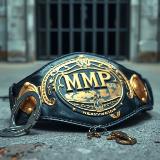 A vintage wrestling belt rests on a rough concrete floor, prison bars looming in the background. Handcuffs glisten nearby, keys glinting with potential freedom. The MBP HEAVYWEIGHT plate, golden and oval, contrasts with the deep black leather strap. Scratches and scars adorn the belt, telling tales of past battles and glory.