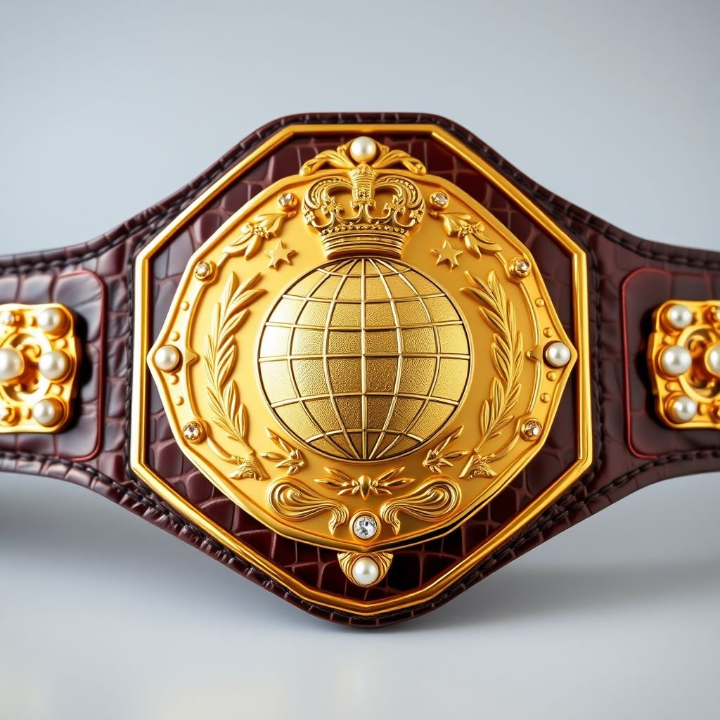 Wrestling belt adorned with alligator skin, showcasing a modern pentagon-shaped plate. Gleaming gold surface highlighted by a globe champion design, intricate crown crests and symbols etched meticulously. Surrounding the central emblem, dazzling pearl gemstones add elegance and luxury. Adult size, blending boldness and sophistication, perfect for a true champion's accolade.