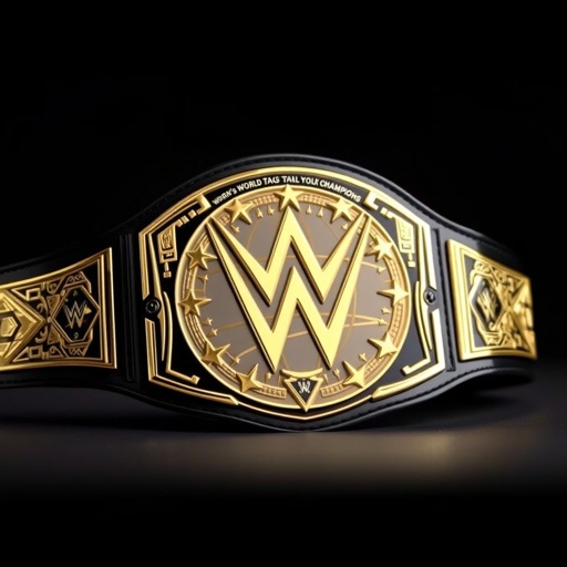 A striking wrestling belt adorned with a glossy black strap, showcasing a beautifully intricate gold plate with a modern, unique shape. The centerpiece features a globe champion design surrounded by elegant star crests and symbols, all in a realistic art style. No gemstones, medium size, reflecting the prestige of WWE Women's World Tag Team Champions.