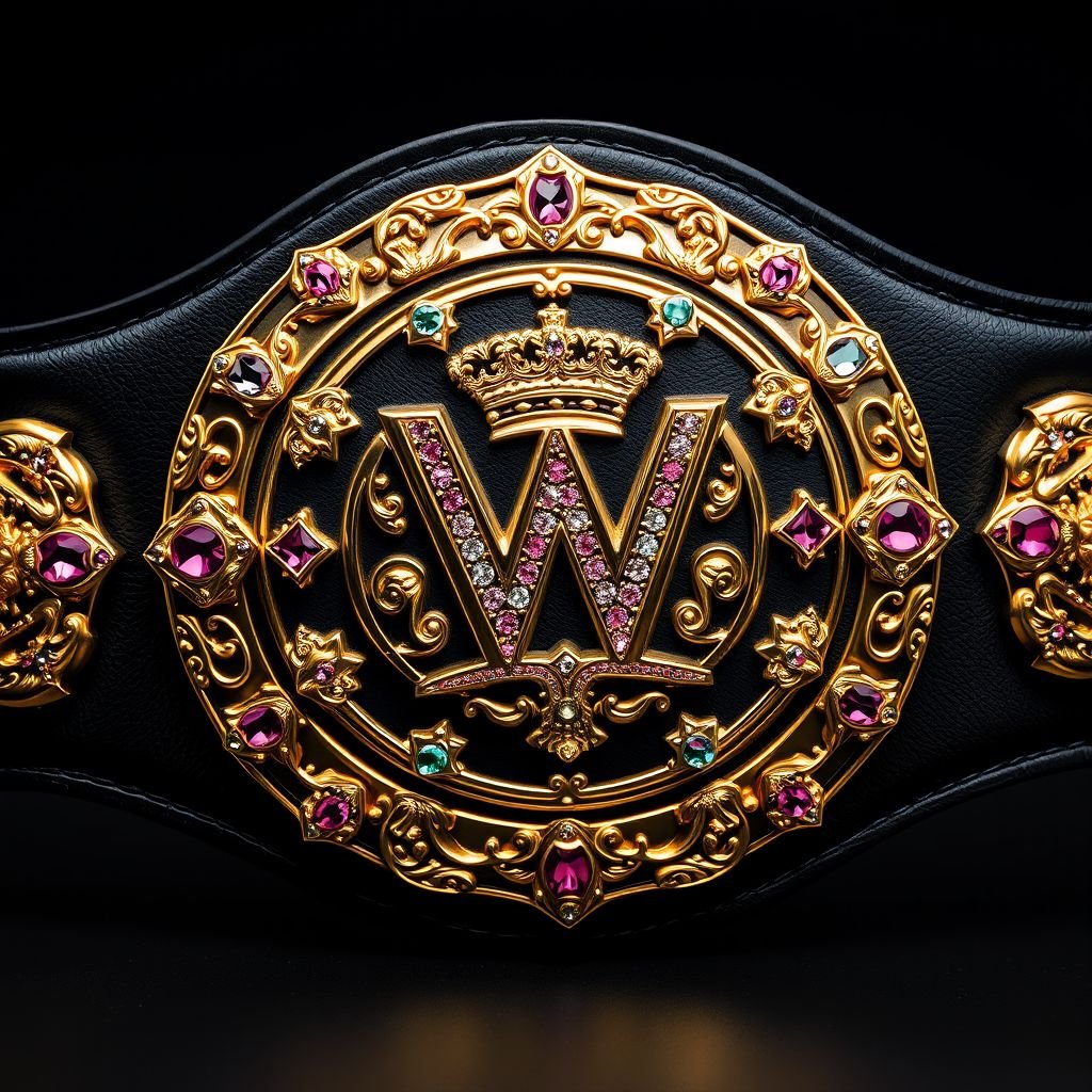 A magnificent wrestling belt, crafted from supple black leather. Circular gold plate glistening with ornate detailing. Classic champion design, adorned with vibrant cubic zirconia gemstones, catching light at every angle. Intricate crown crests and symbols embossed, showcasing prestige. A striking piece of art, embodying strength and victory, perfect for an ultimate champion.