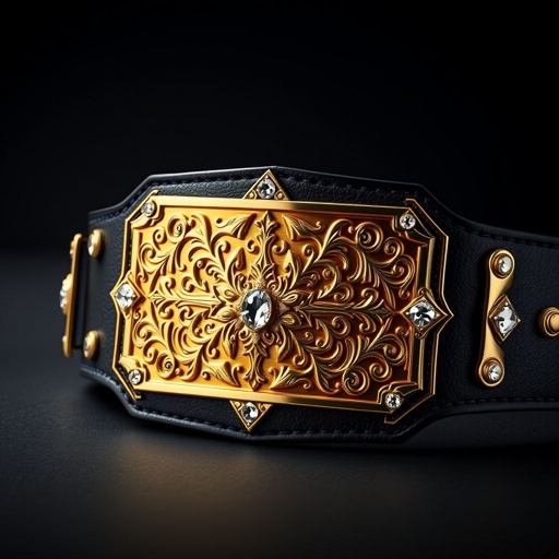 A wrestling belt adorned with a rich black leather strap, featuring a classic rectangular plate design. The plate, gleaming in vibrant gold, showcases intricate gothic art motifs. Sparkling cubic zirconia gemstones elegantly accentuate the plate, adding a touch of brilliance. An imposing, formidable accessory representing strength and victory.