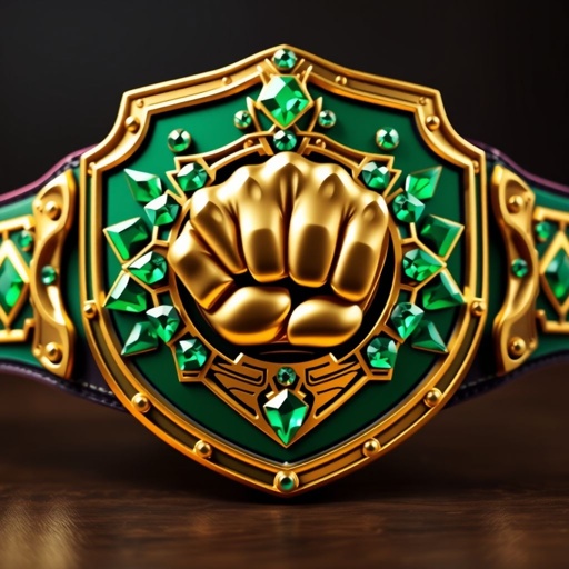 A striking wrestling belt adorned with an edgy plate design, featuring a bold shield shape. The deep green strap contrasts beautifully with a gleaming gold plate. Imposing fist champion design takes center stage, surrounded by shimmering emerald gemstones. Size extra large, exuding a sense of power and prestige. Realistic art style showcases every intricate detail.
