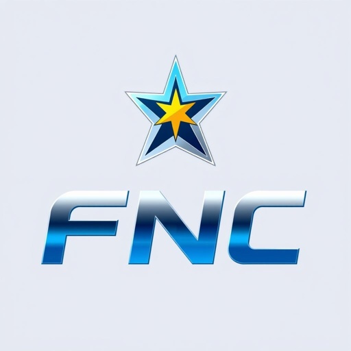 Logo featuring bold, sleek letters, "FNC" in a futuristic text font. A modern color scheme blends deep blues and silvers, exuding innovation. Minimalistic design elements highlight a star icon, representing aspiration and excellence. Geometric shapes intertwine seamlessly, creating a visually striking brandmark that symbolizes forward-thinking and cutting-edge technology.