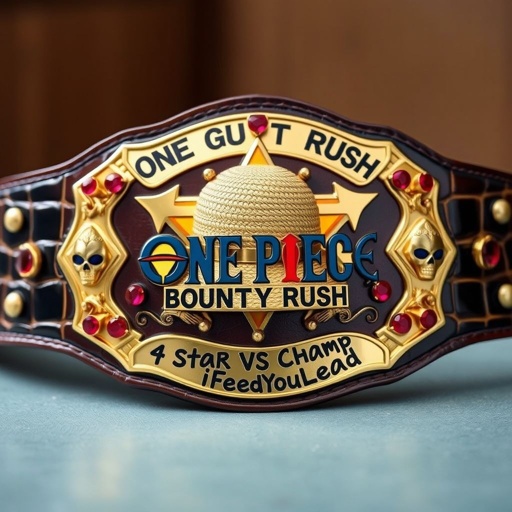 A luxurious alligator skin wrestling belt, adorned with a gold luxury plate featuring a multicolored star design. At the center, a straw hat from "One Piece" gleams, framed by the bold text “One Piece Bounty Rush” above and “4 Star VS Champ iFeedYouLead” below. Ruby gemstones sparkle, accented by surrealist skull crests.