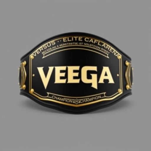 A wrestling belt with a bold, central emblem displaying "VEGA" in striking typography. The words "Versus Elite Gaming Arena Champion" elegantly arched at the top and bottom. A sleek black leather base adorned with gold accents. A minimalist design reminiscent of the classic ECW belt, radiating prestige and power.