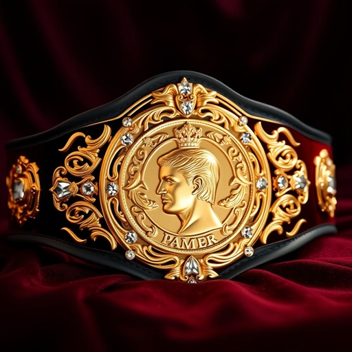 A luxurious wrestling belt, rich velvet texture, adorned with a black strap. A vintage plate design gleaming in gold, featuring a prominent portrait champion emblem. Diamond-shaped gemstones sparkle in the light, adding opulence. Intricate details highlight the craftsmanship, making it a perfect representation of love and celebration for a wedding anniversary.