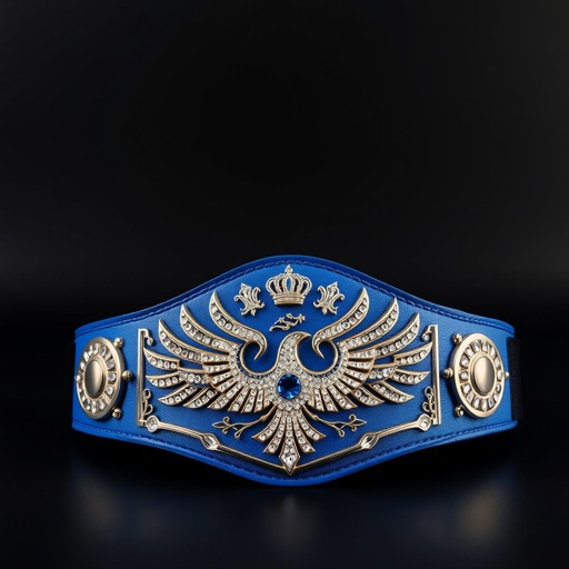 A vibrant blue championship wrestling belt rests against a stark black background. Crafted from luxurious leather, the belt boasts a modern plate design with sleek contours. A black strap extends, accentuating the crown champion design adorned with sparkling crystal gemstones. Phoenix crests and symbols intricately embellish the centerpiece, radiating youthful energy.