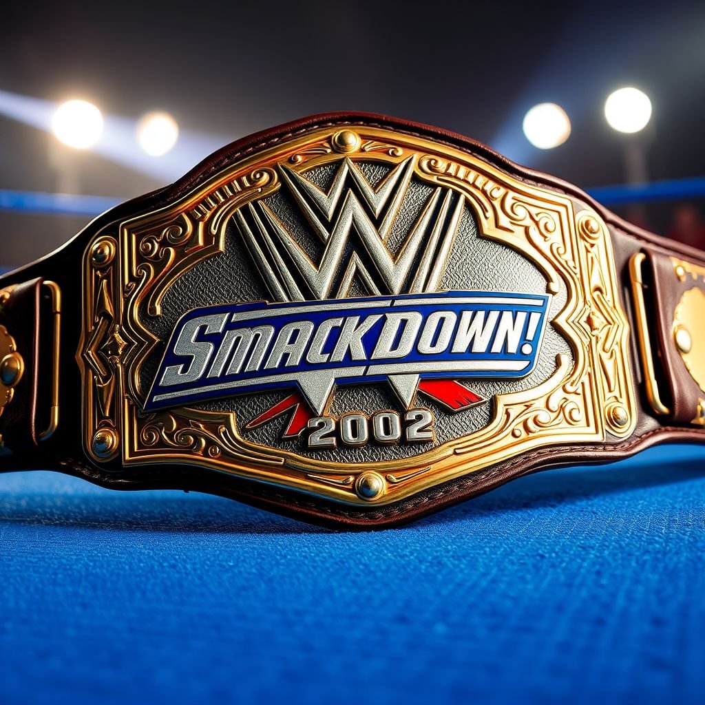 A gleaming, gold Wrestling Belt, adorned with intricate detailing and a large central plate. The iconic WWE SmackDown! Championship logo from 2002, bold and colorful, emblazoned prominently. Vintage leather straps, weathered but sturdy, connect to shiny metal clasps. Surrounding elements include soft spotlight illumination and a distinctive blue ring mat texture.
